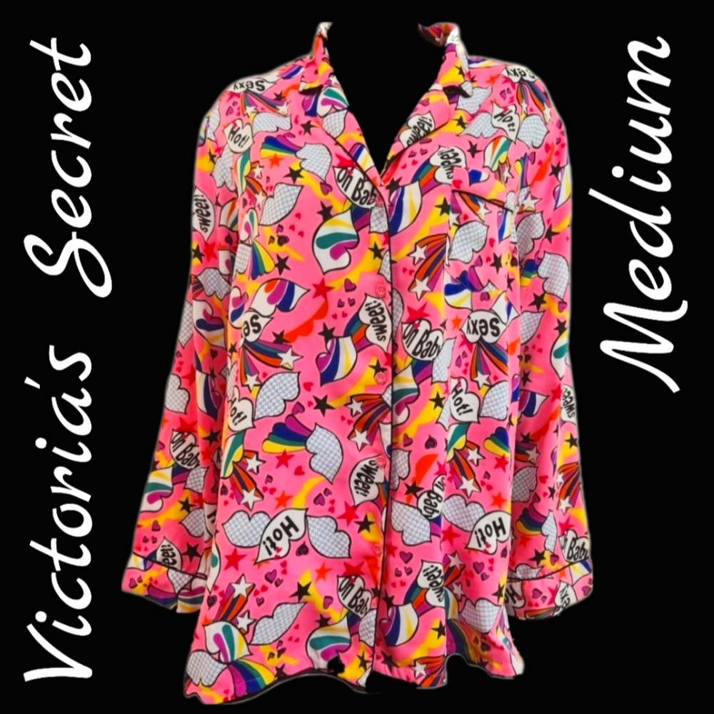 VTG Victoria's Secret 2004 After Party Satin Pajama Top Pop Art Lips M